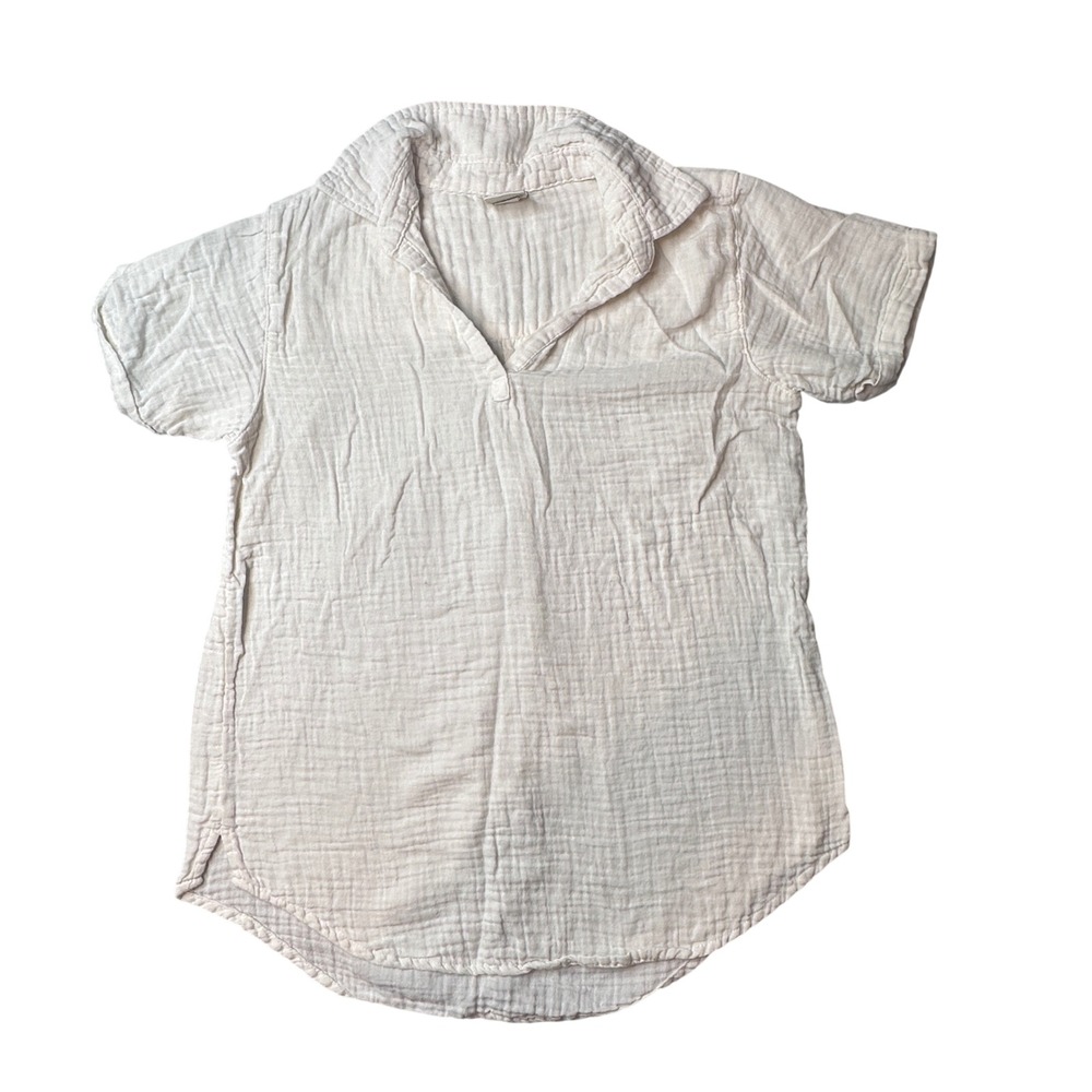 Magellan Outdoors Top Womens M Cream Happy Camper Cotton Gauze‎ Short Slv V-Neck
